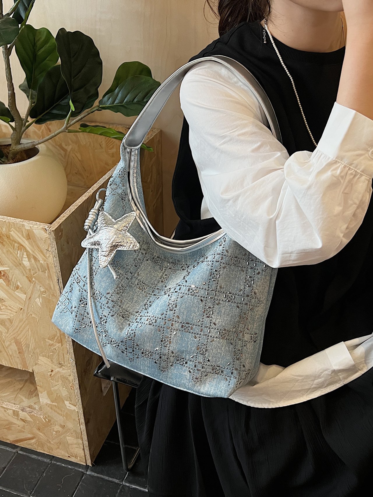 Silver Studded Denim Hobo Shoulder Bag