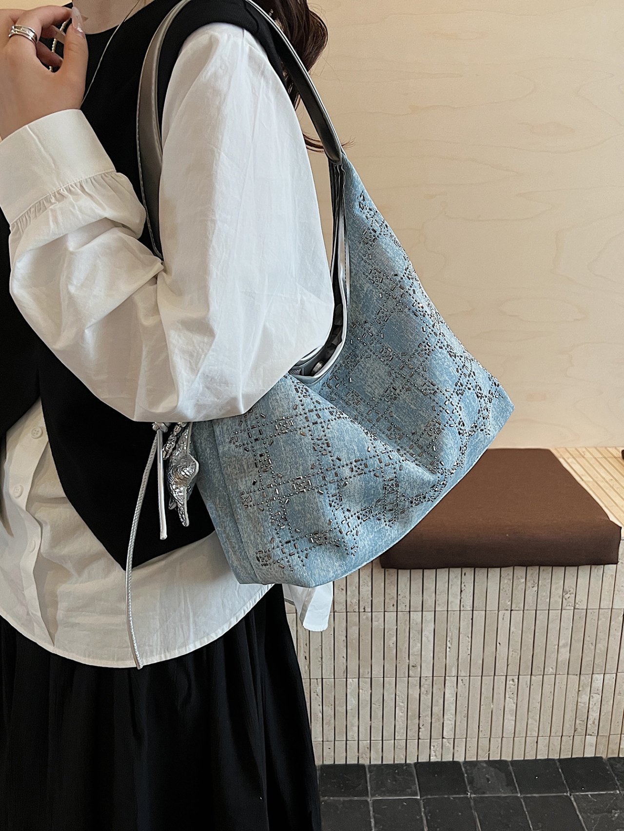 Silver Studded Denim Hobo Shoulder Bag