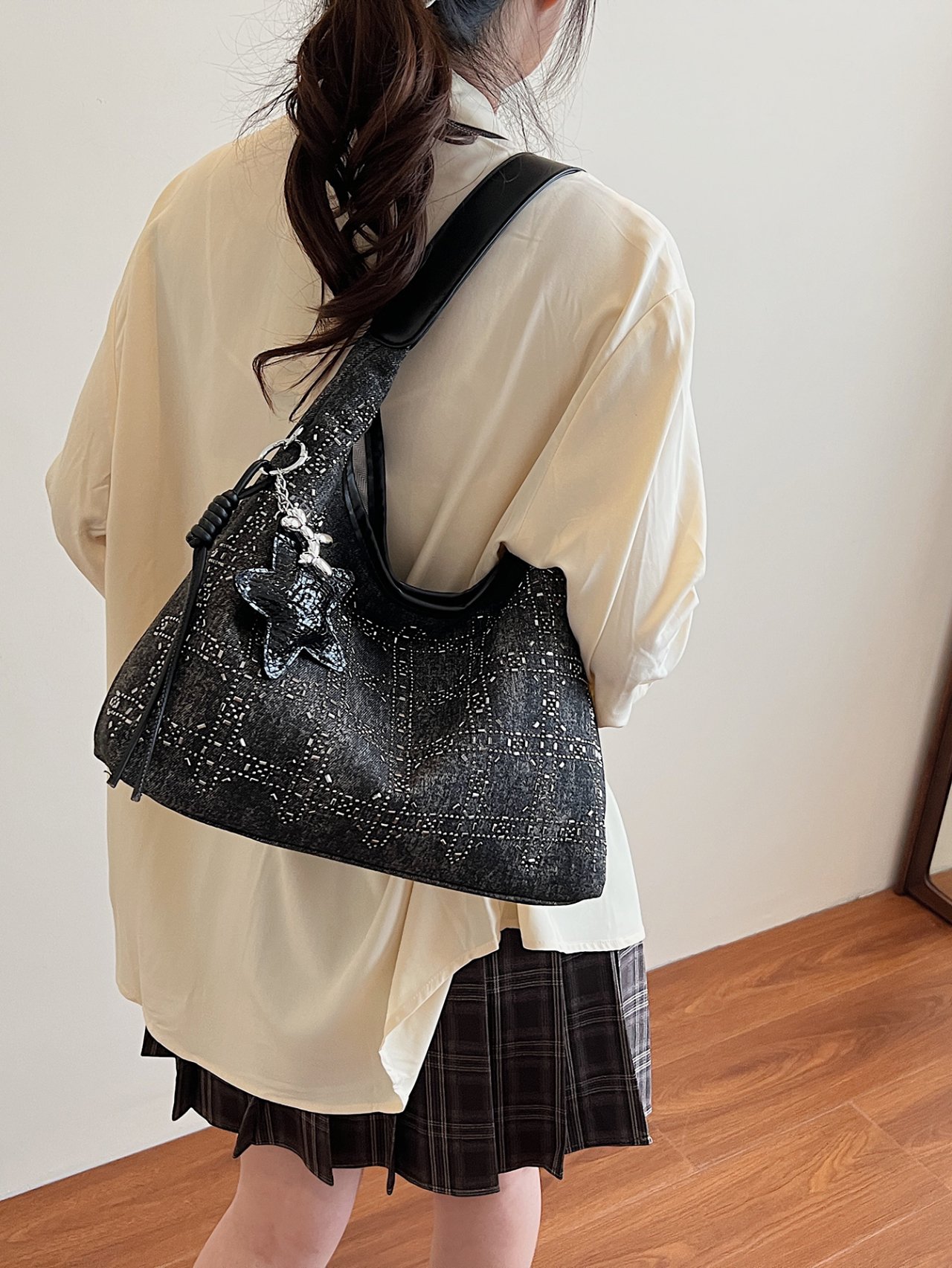 Black Hobo Shoulder Bag with Star Charm