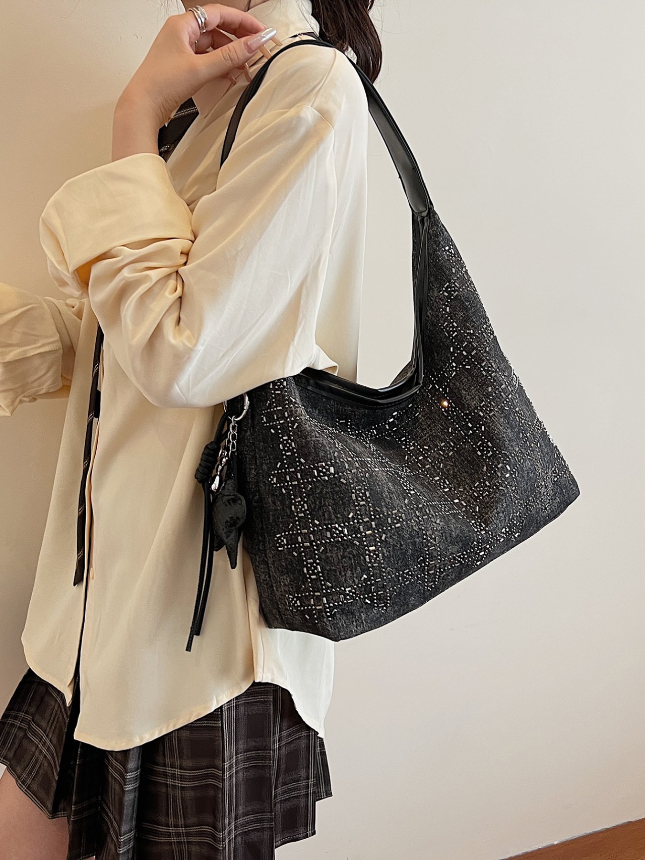 Black Hobo Shoulder Bag with Star Charm