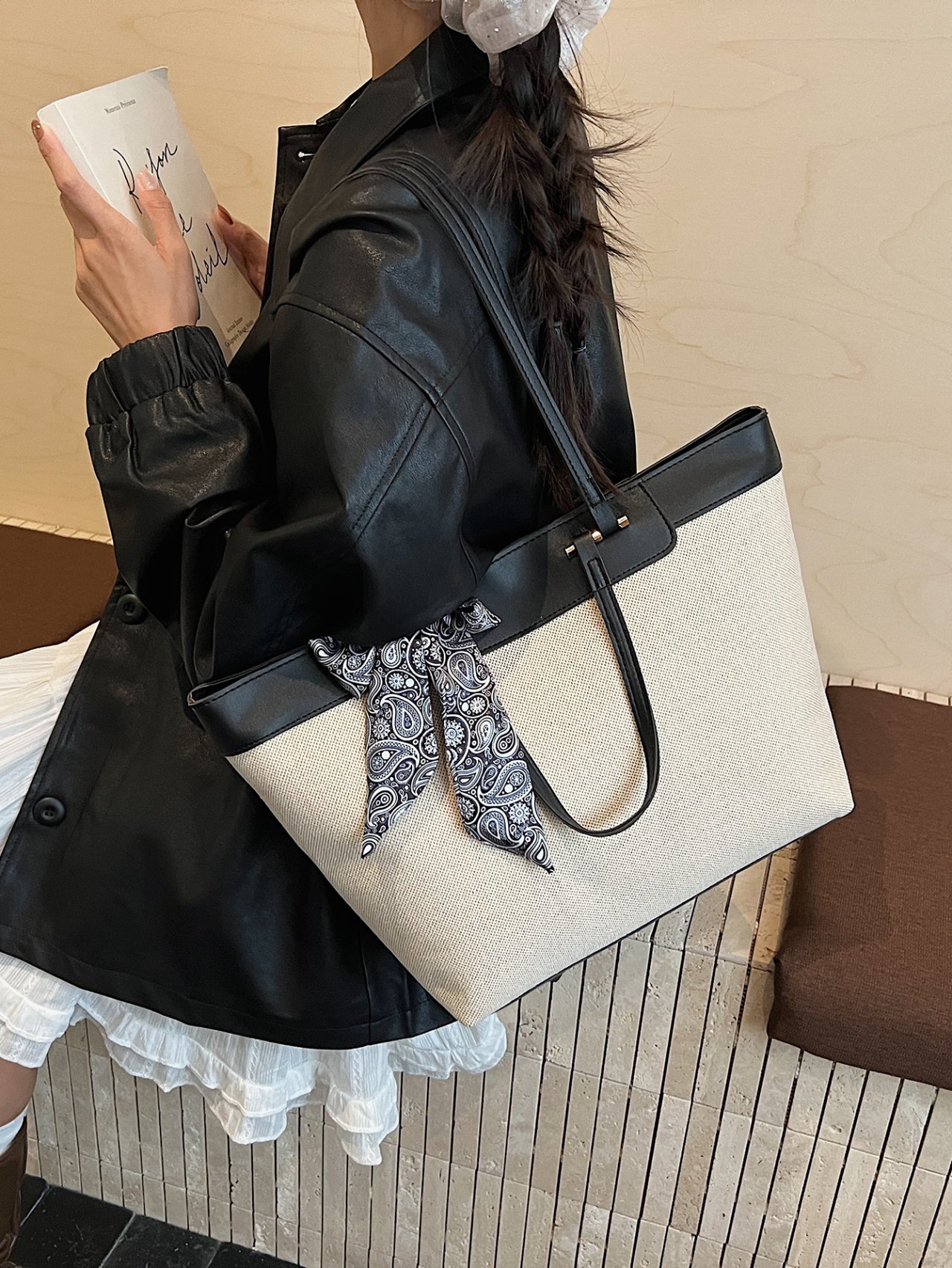 Beige Tote Shoulder Bag with Paisley Scarf Accent