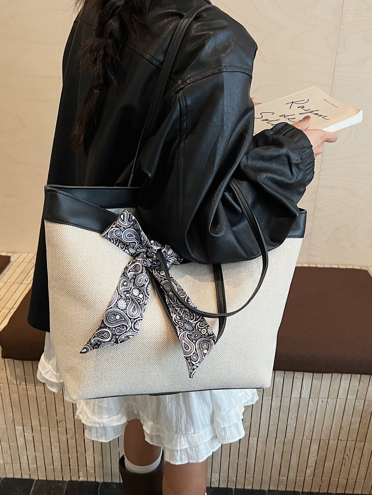 Beige Tote Shoulder Bag with Paisley Scarf Accent
