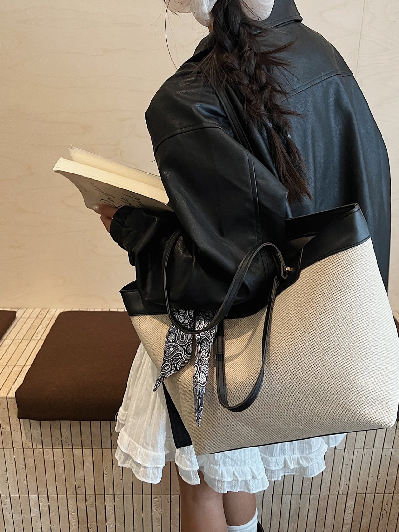 Beige Tote Shoulder Bag with Paisley Scarf Accent