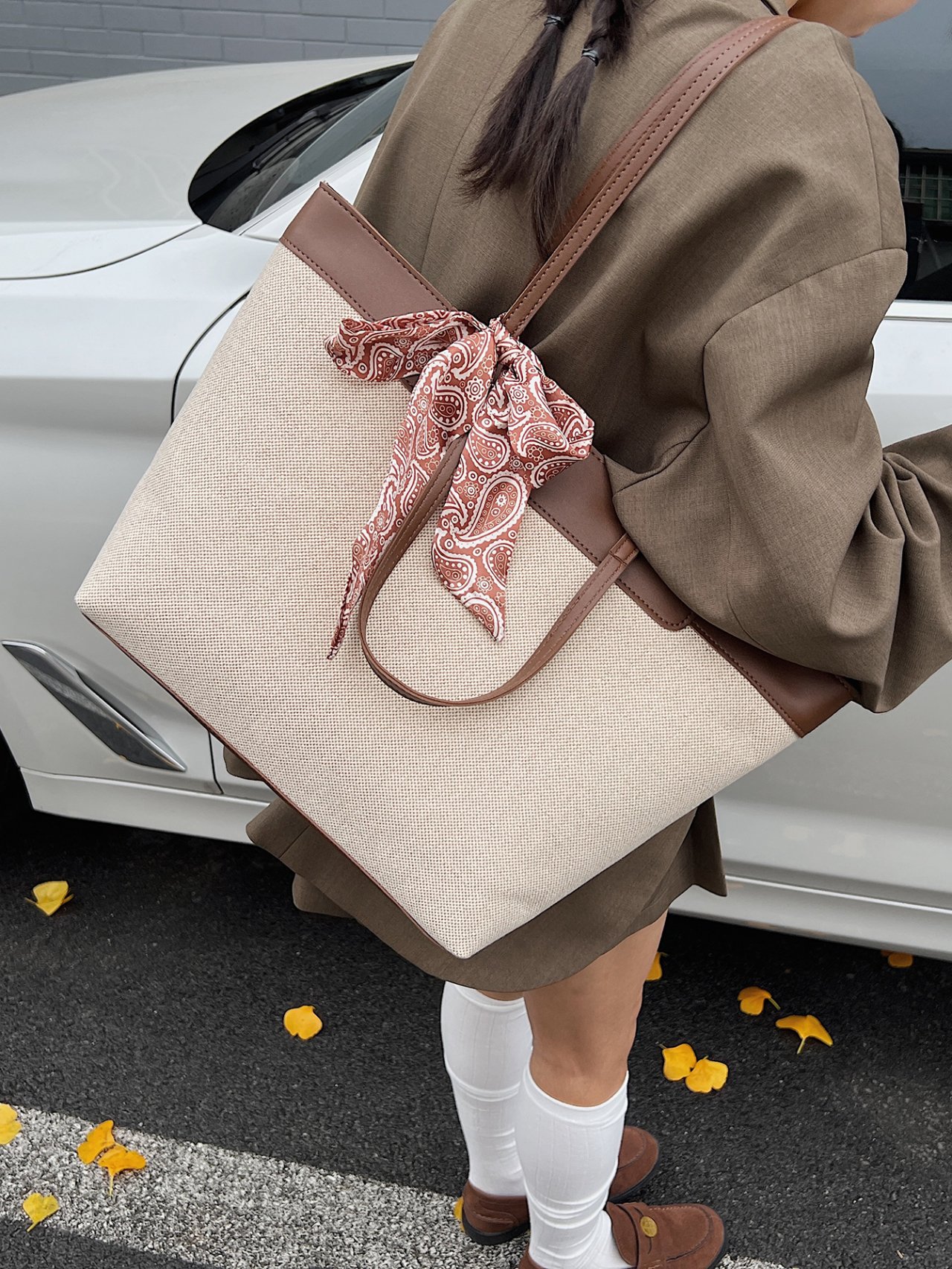 Beige Solid Tote Bag with Paisley Scarf Accent