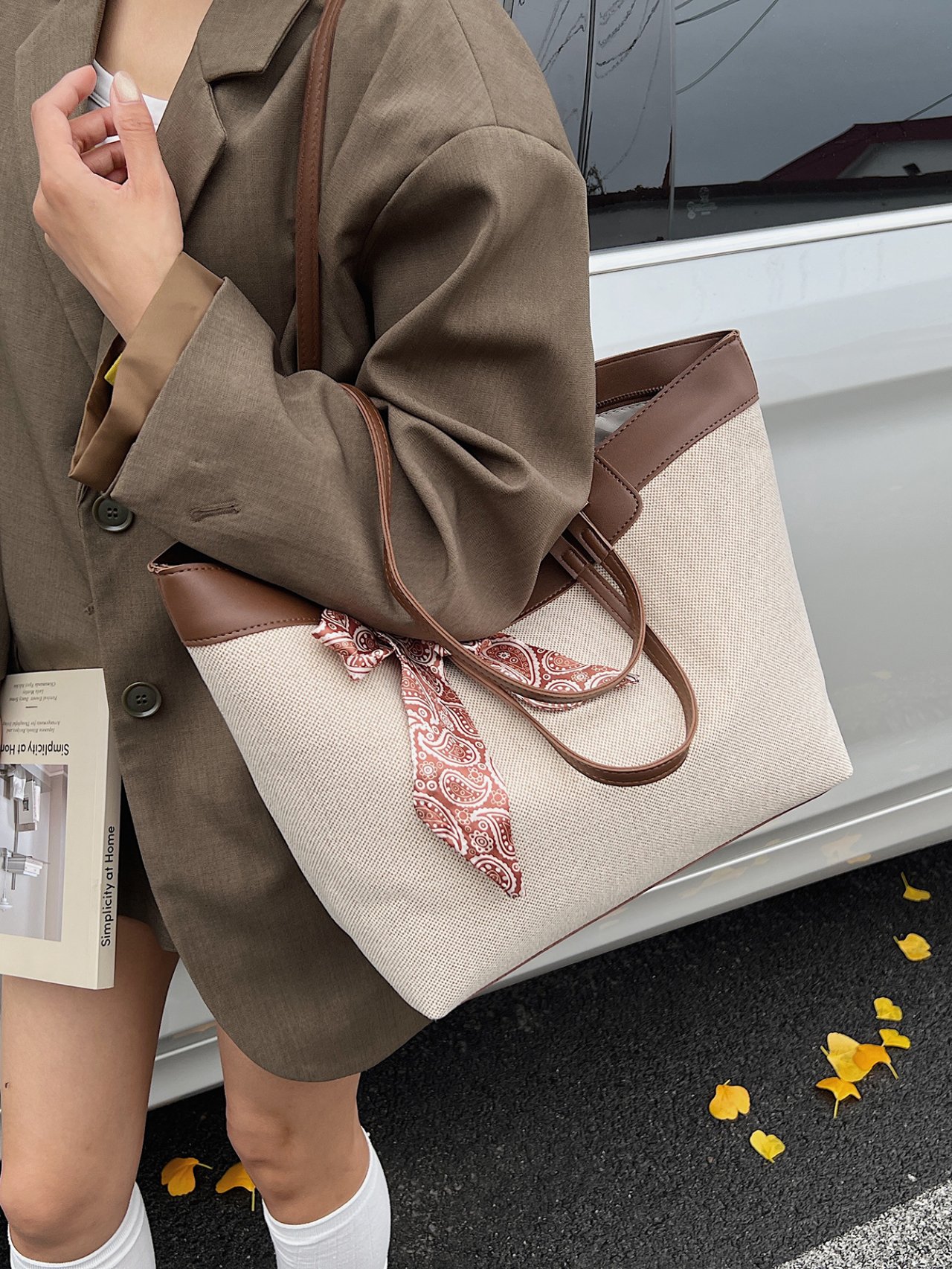 Beige Solid Tote Bag with Paisley Scarf Accent