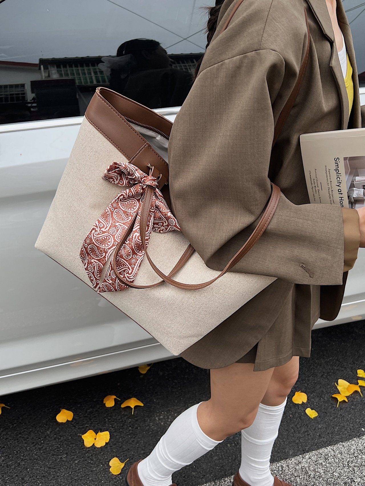 Beige Solid Tote Bag with Paisley Scarf Accent
