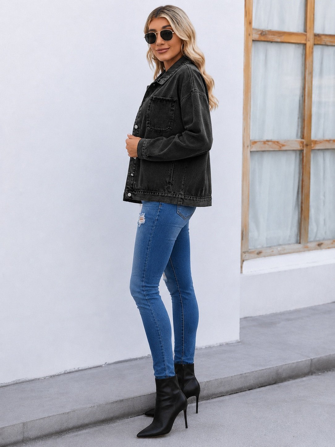 Black Solid Denim Jacket
