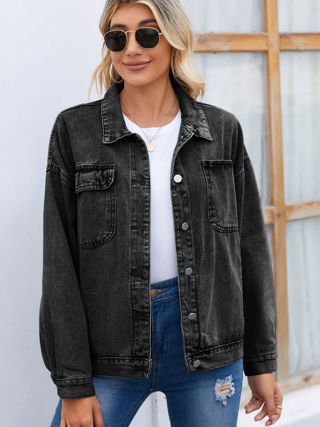 Black Solid Denim Jacket