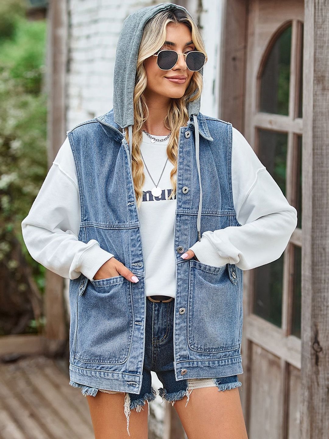 Blue Solid Denim Jacket