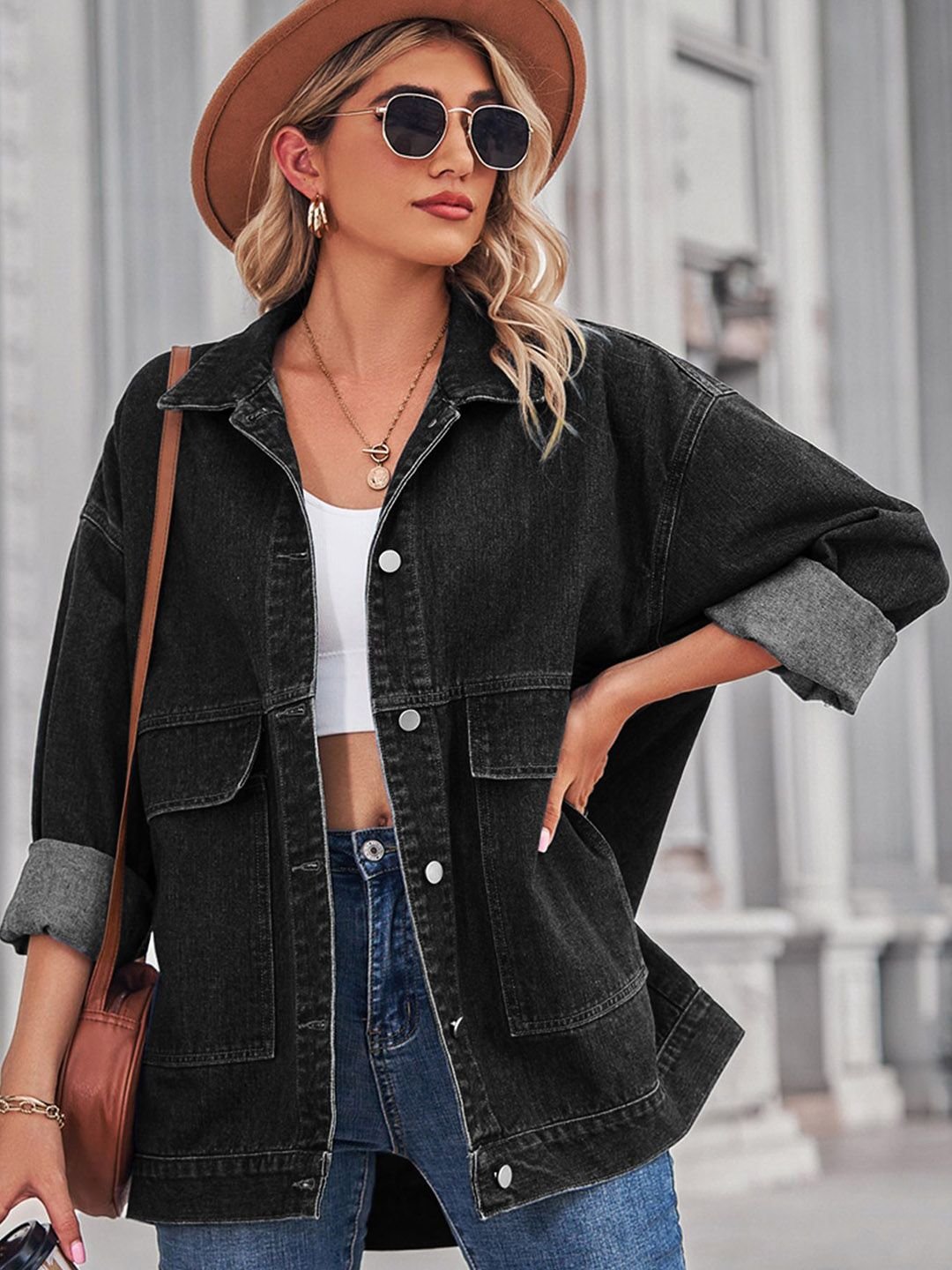 Black Solid Denim Jacket
