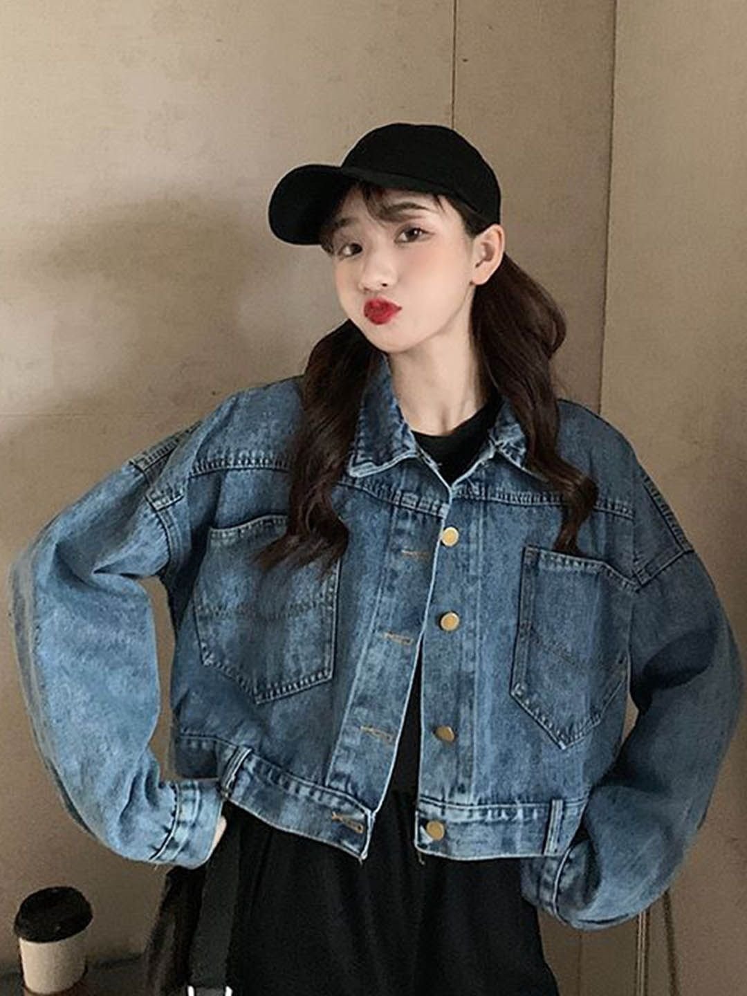 Blue Spread Collar Long Sleeves Solid Denim Jacket