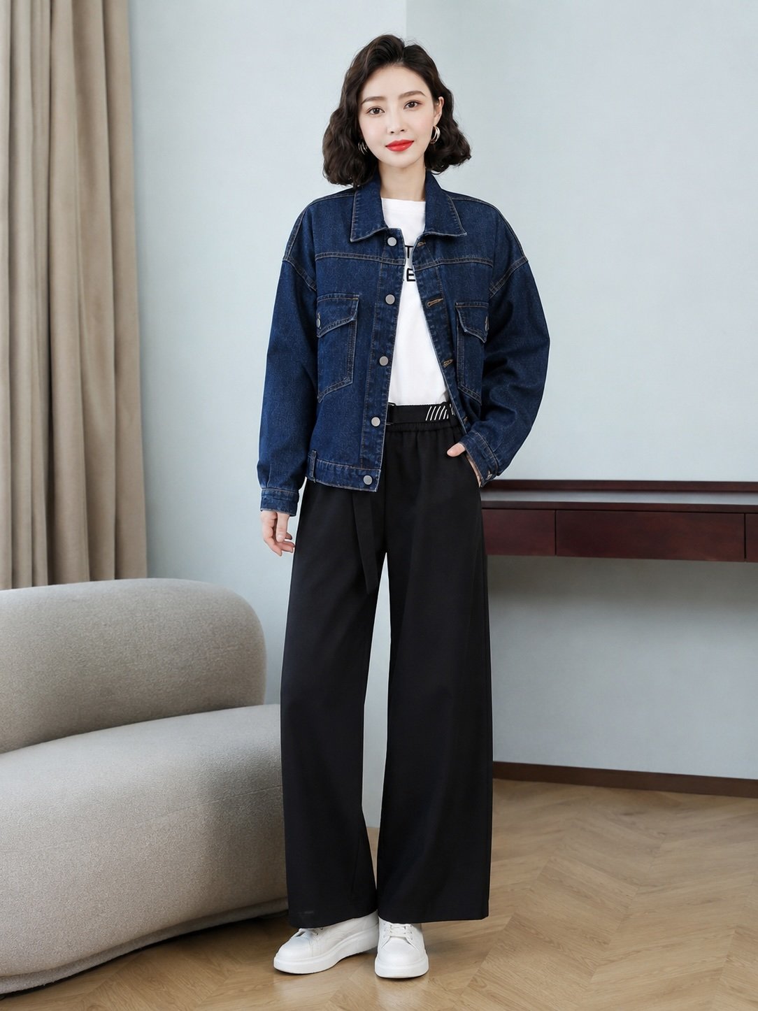 Blue Spread Collar Long Sleeves Solid Denim Jacket