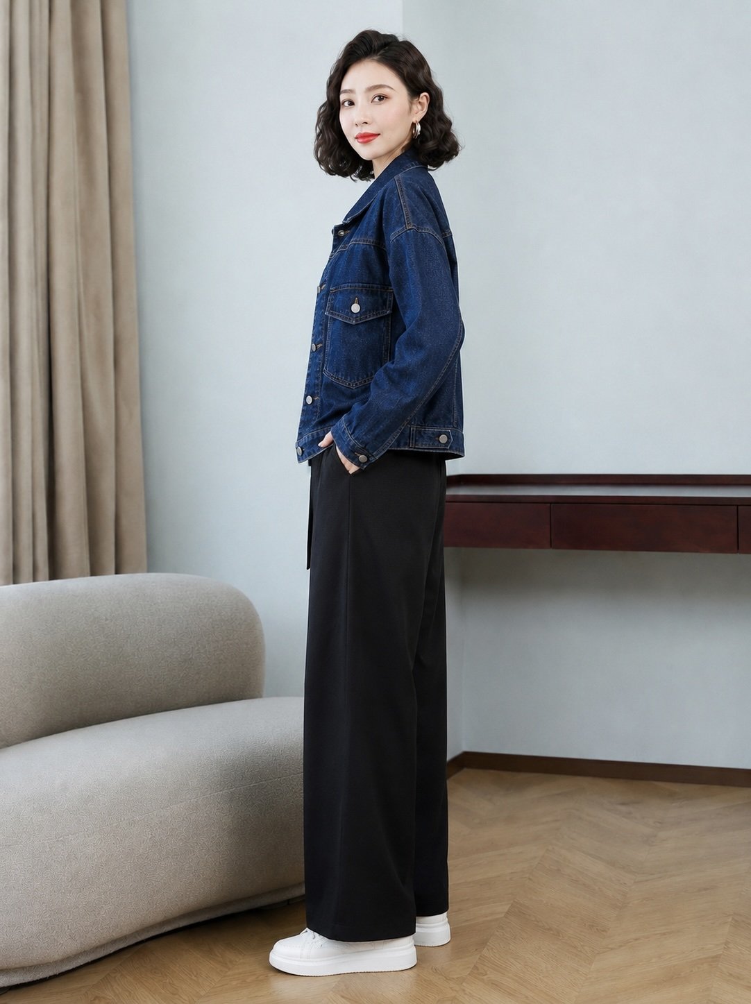 Blue Spread Collar Long Sleeves Solid Denim Jacket