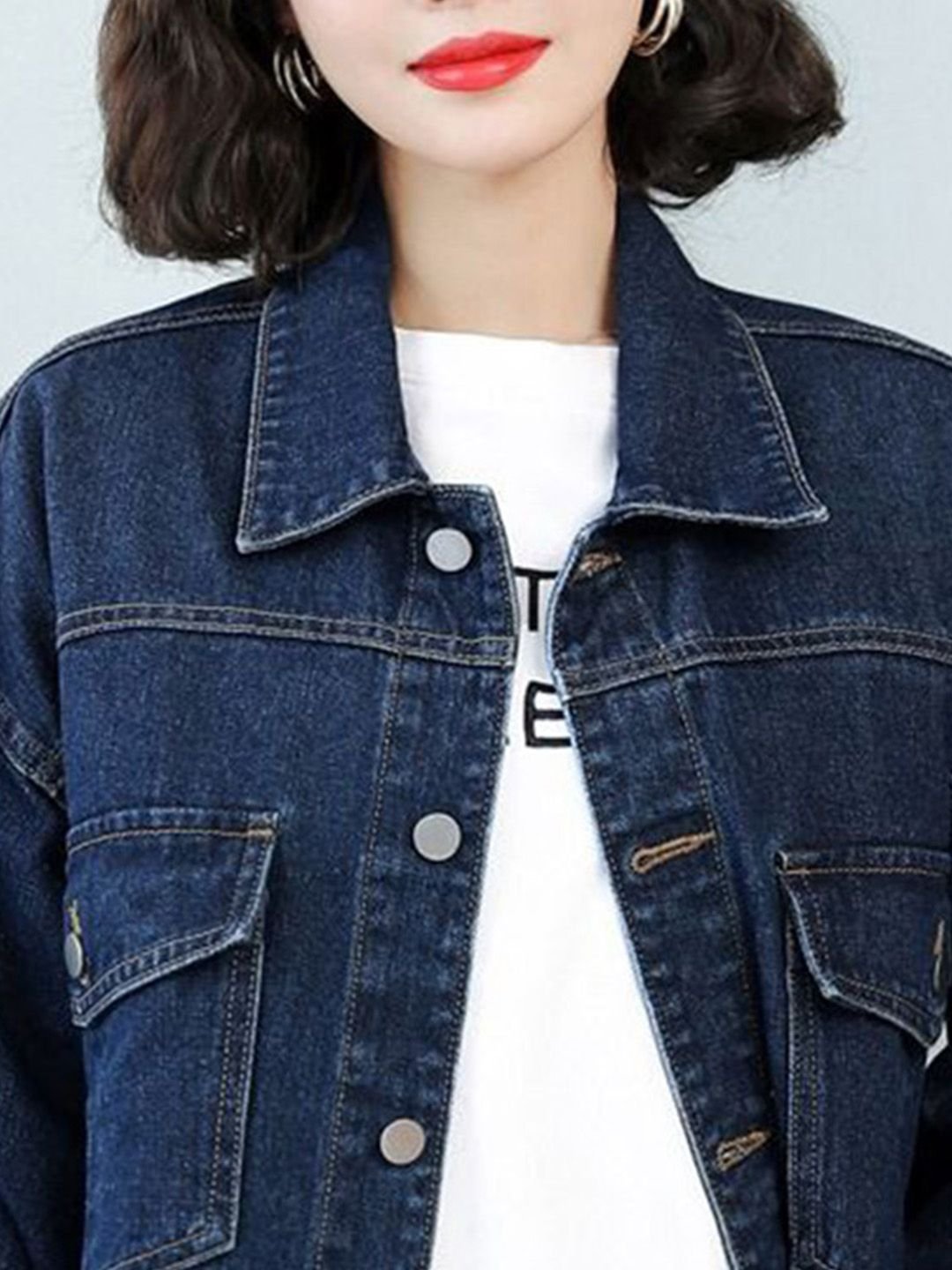 Blue Spread Collar Long Sleeves Solid Denim Jacket