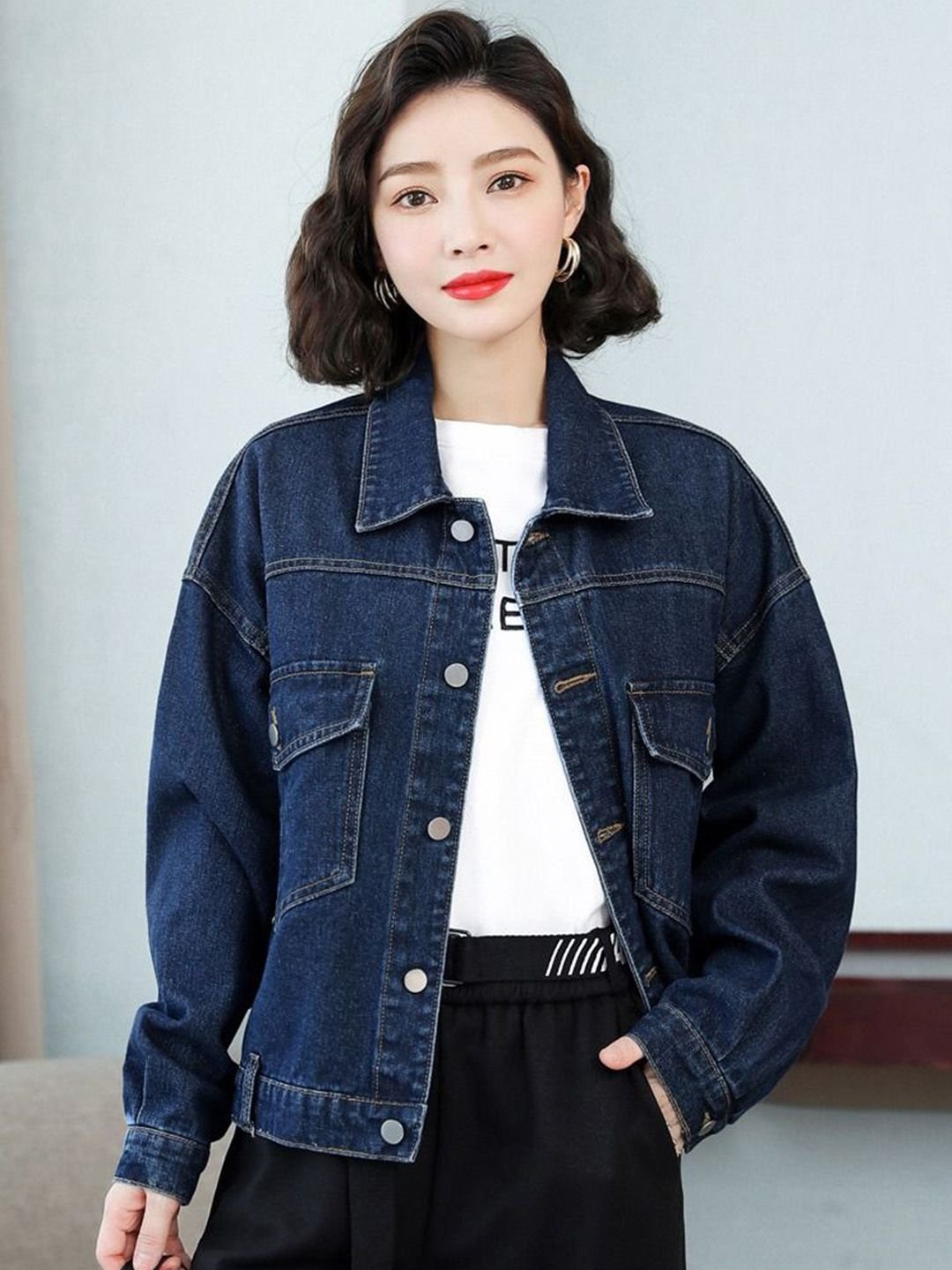 Blue Spread Collar Long Sleeves Solid Denim Jacket