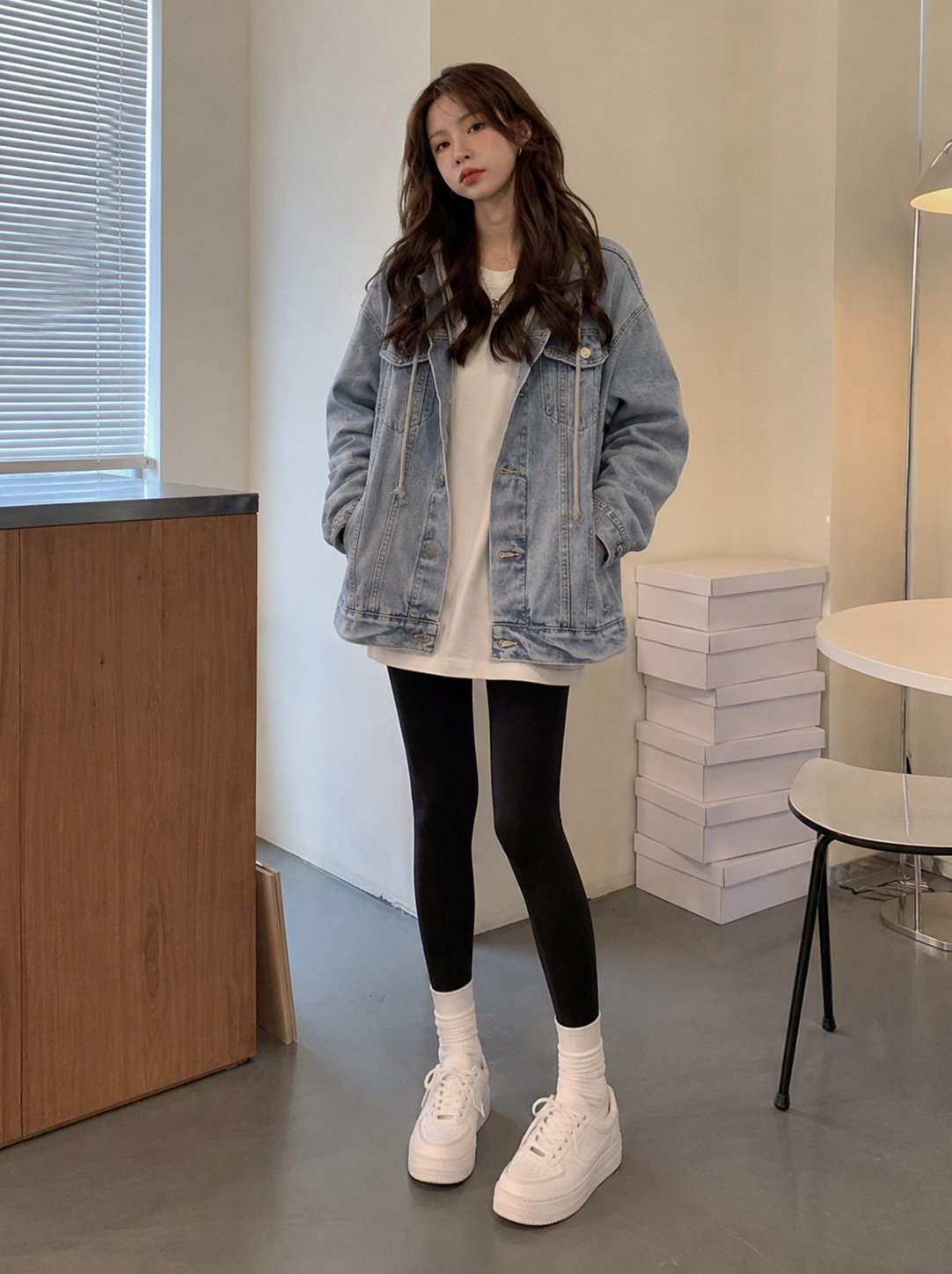Blue Hooded Long Sleeves Solid Denim Jacket