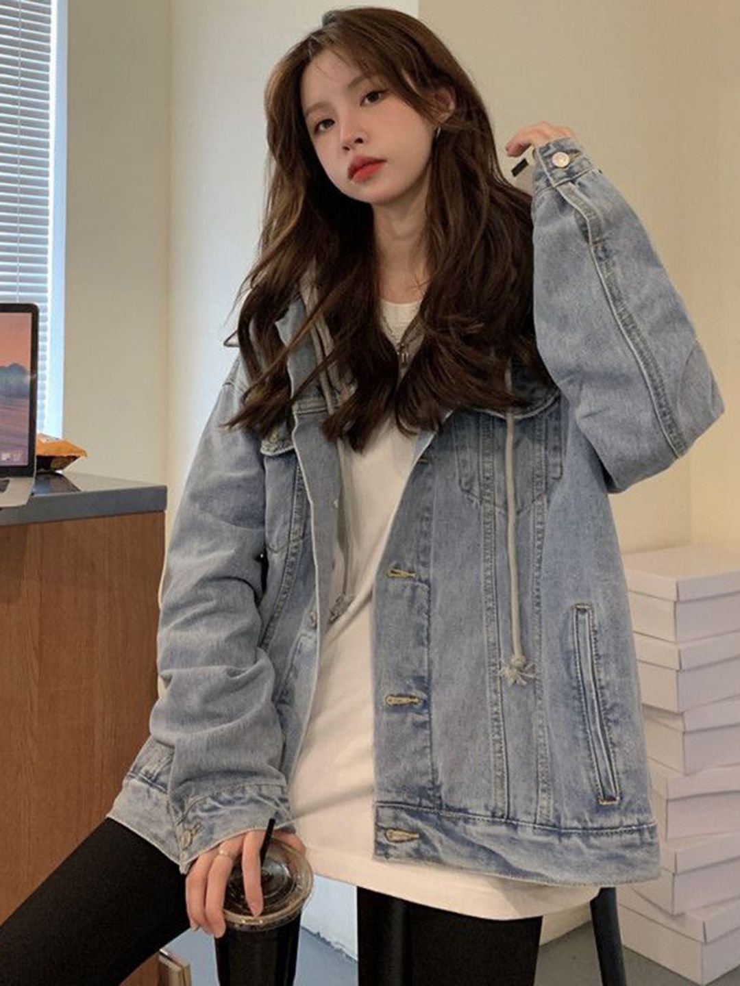 Blue Hooded Long Sleeves Solid Denim Jacket