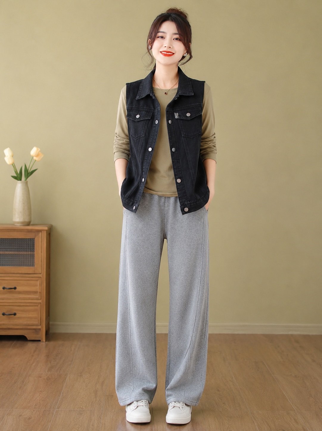 Black Spread Collar Sleeveless Solid Denim Jacket