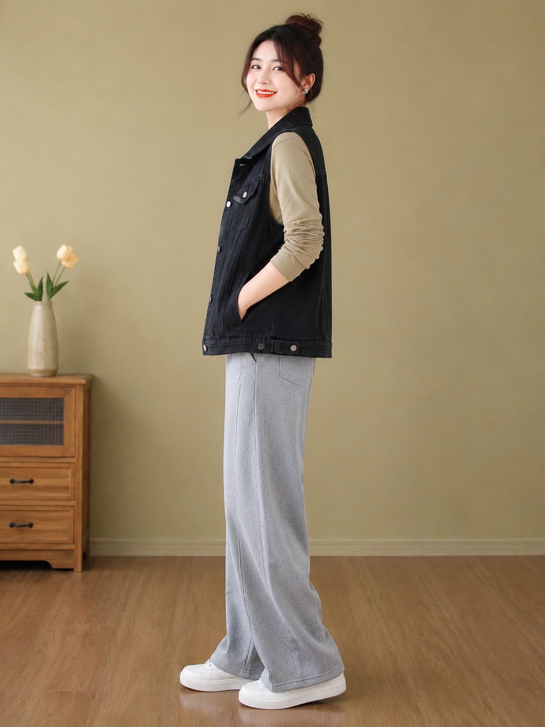 Black Spread Collar Sleeveless Solid Denim Jacket