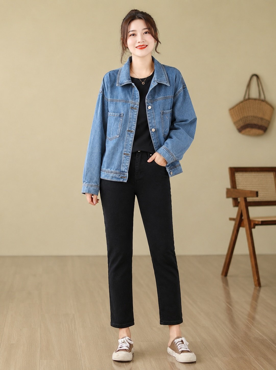 Blue Spread Collar Long Sleeves Solid Denim Jacket