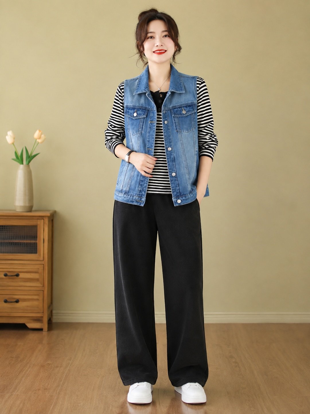 Blue Spread Collar Sleeveless Solid Denim Jacket