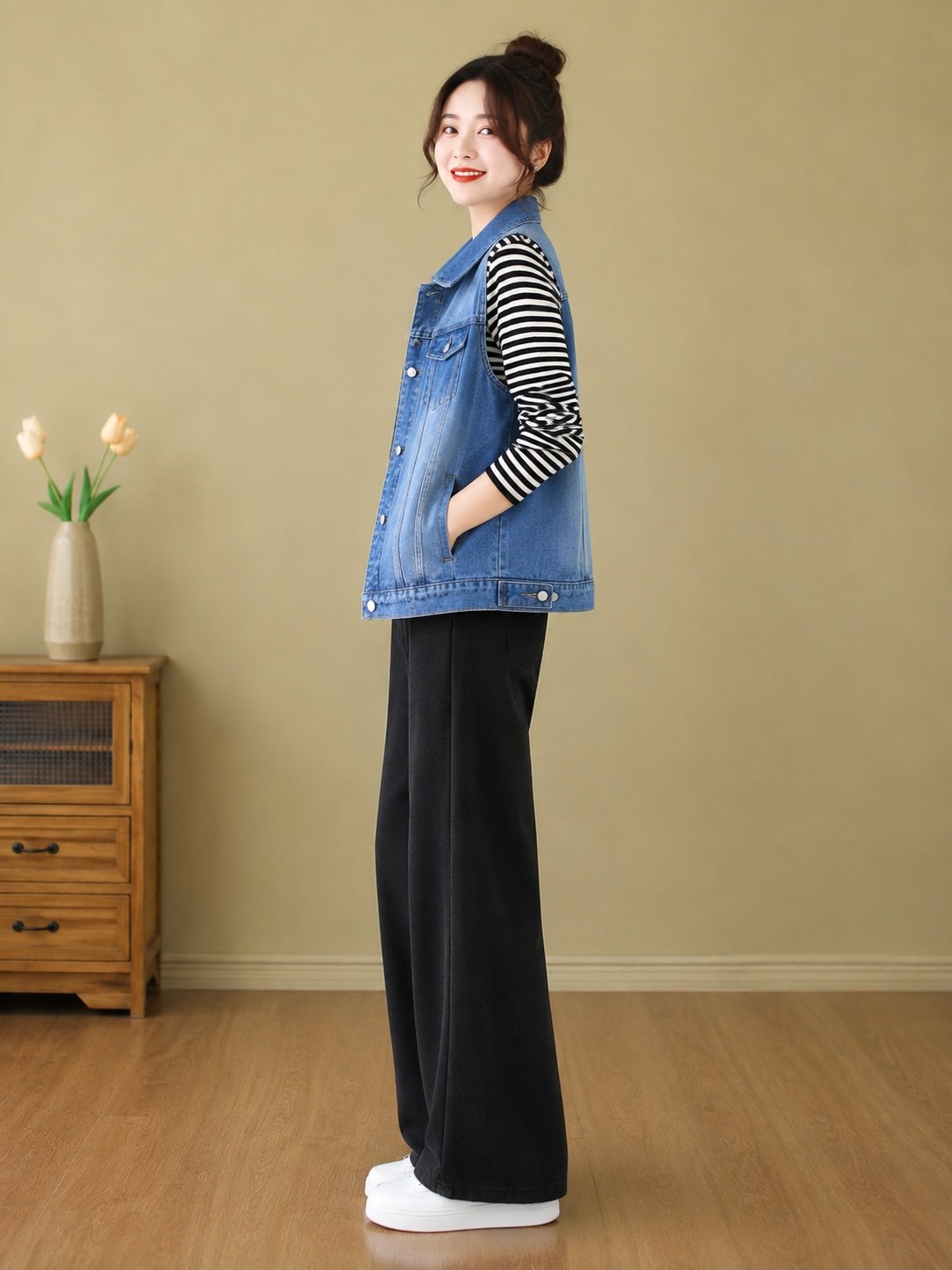 Blue Spread Collar Sleeveless Solid Denim Jacket
