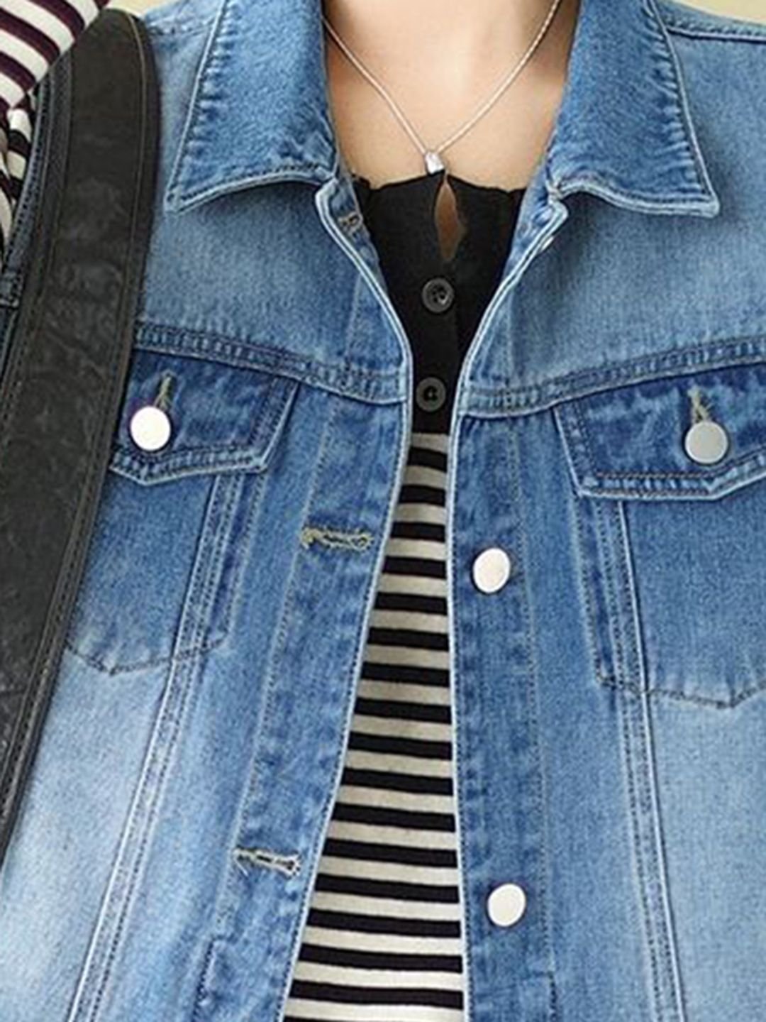 Blue Spread Collar Sleeveless Solid Denim Jacket