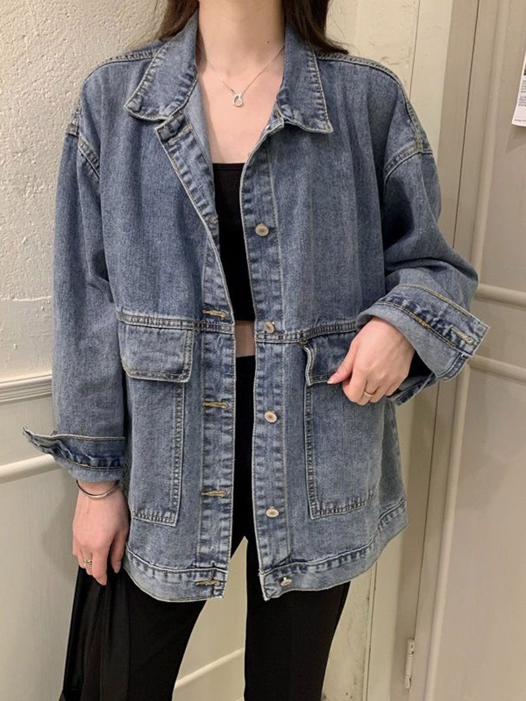 Blue Oversized Fit Denim Jacket with Spread Collar