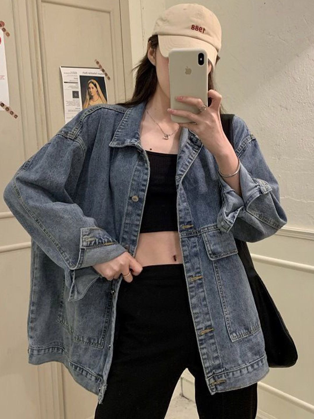 Blue Oversized Fit Denim Jacket with Spread Collar