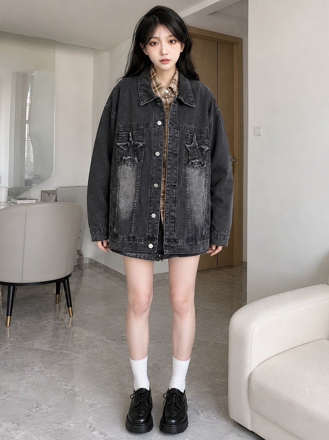 Black Spread Collar Long Sleeves Solid Denim Jacket