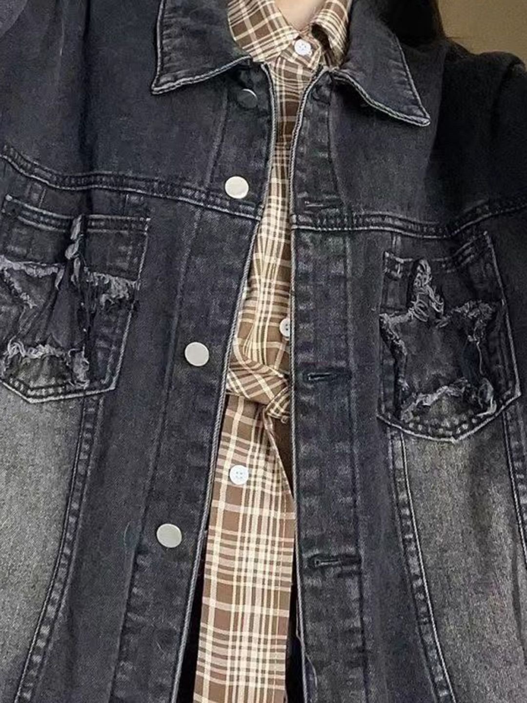 Black Spread Collar Long Sleeves Solid Denim Jacket