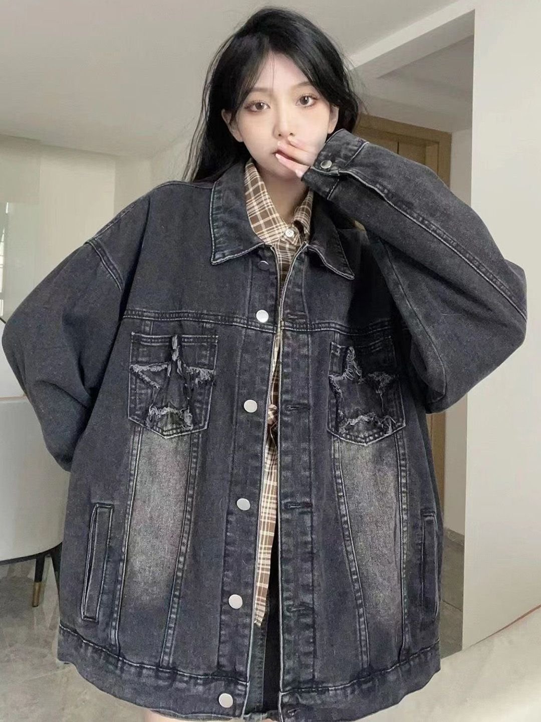 Black Spread Collar Long Sleeves Solid Denim Jacket