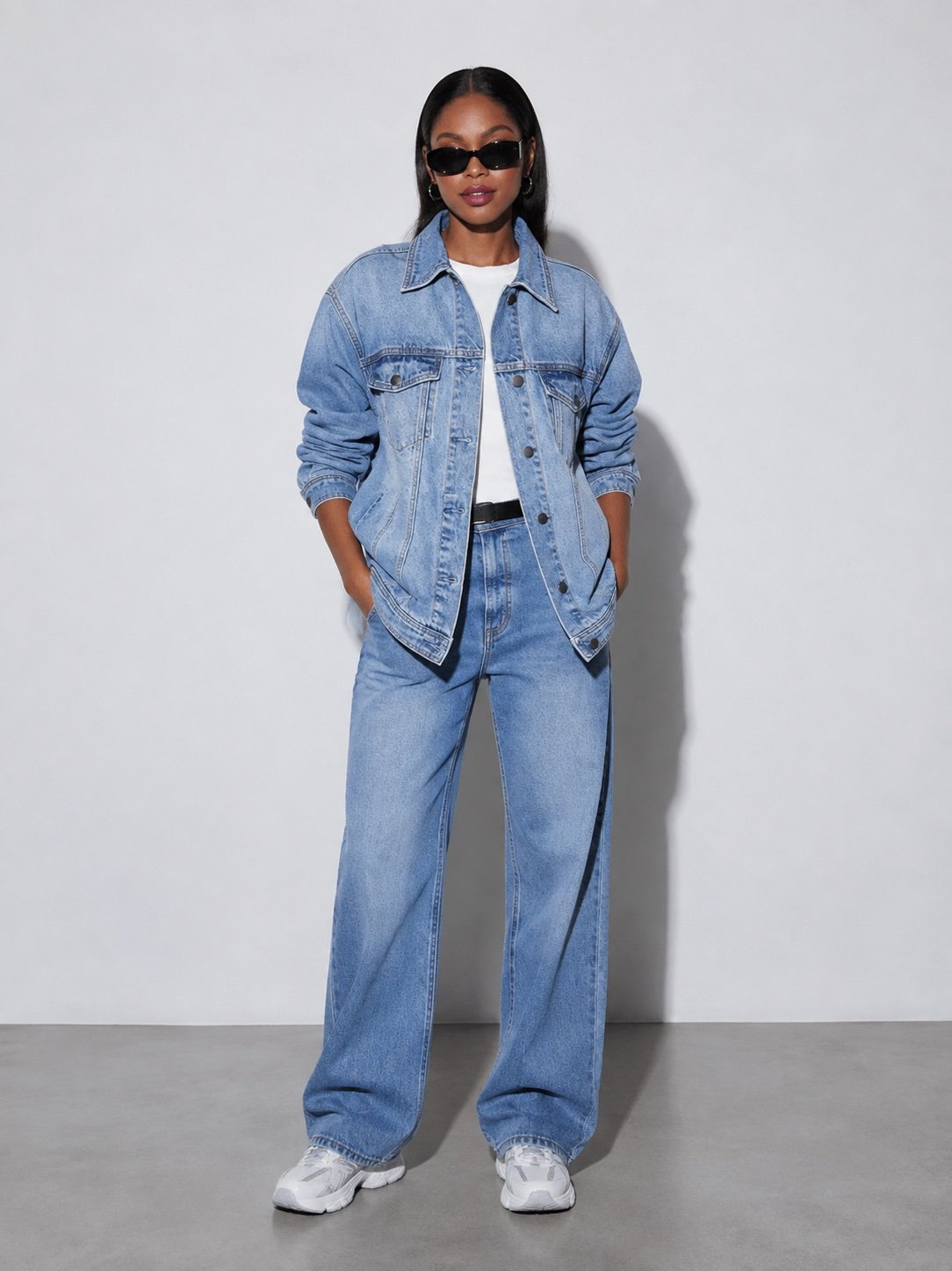 Blue Spread Collar Long Sleeves Washed Denim Jacket