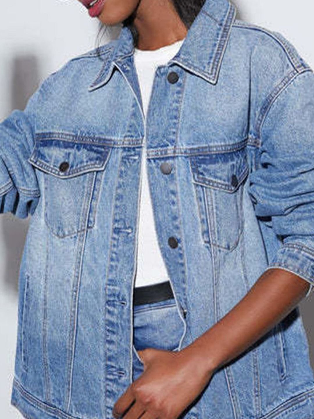 Blue Spread Collar Long Sleeves Washed Denim Jacket