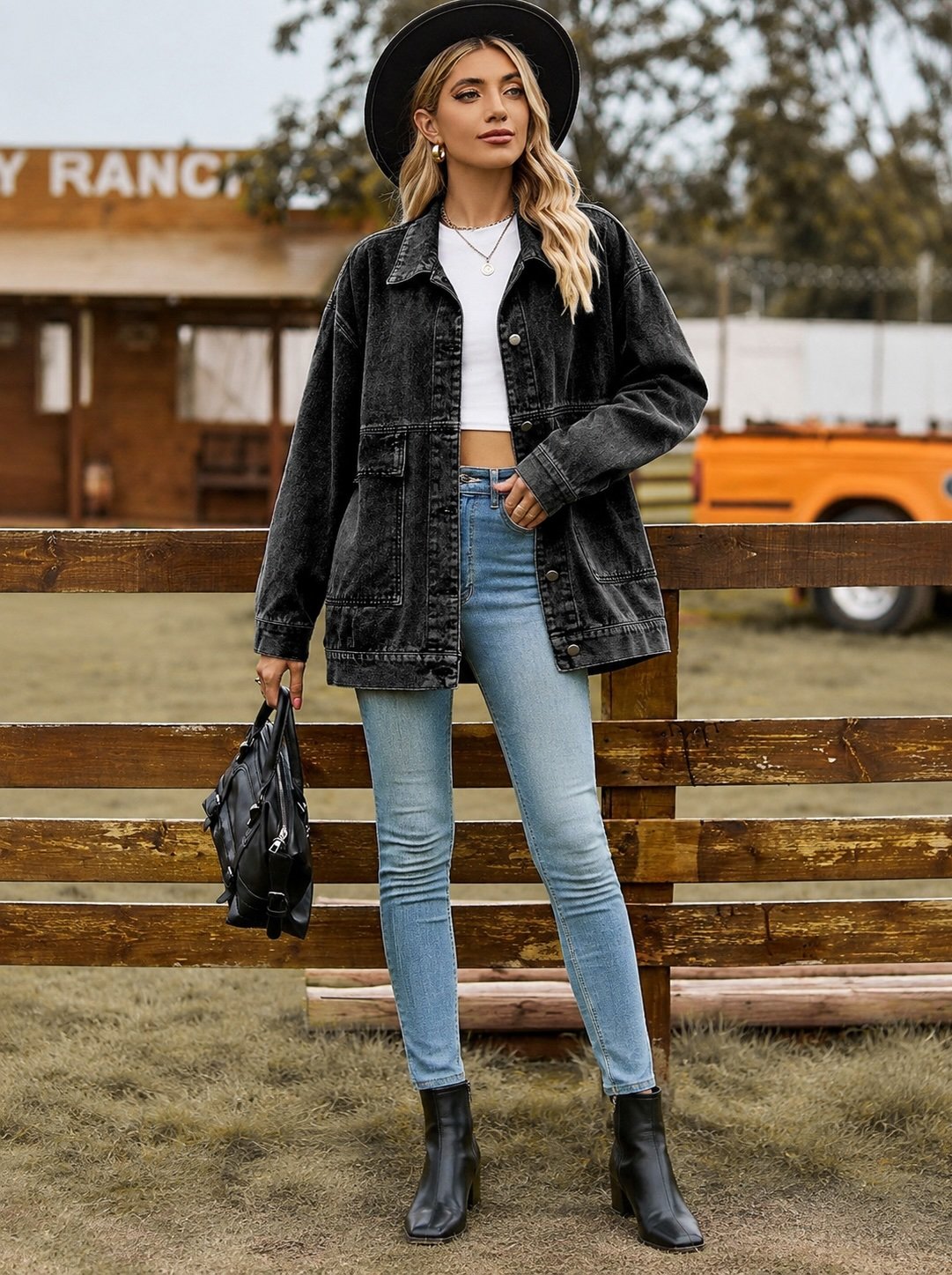 Black Solid Denim Jacket
