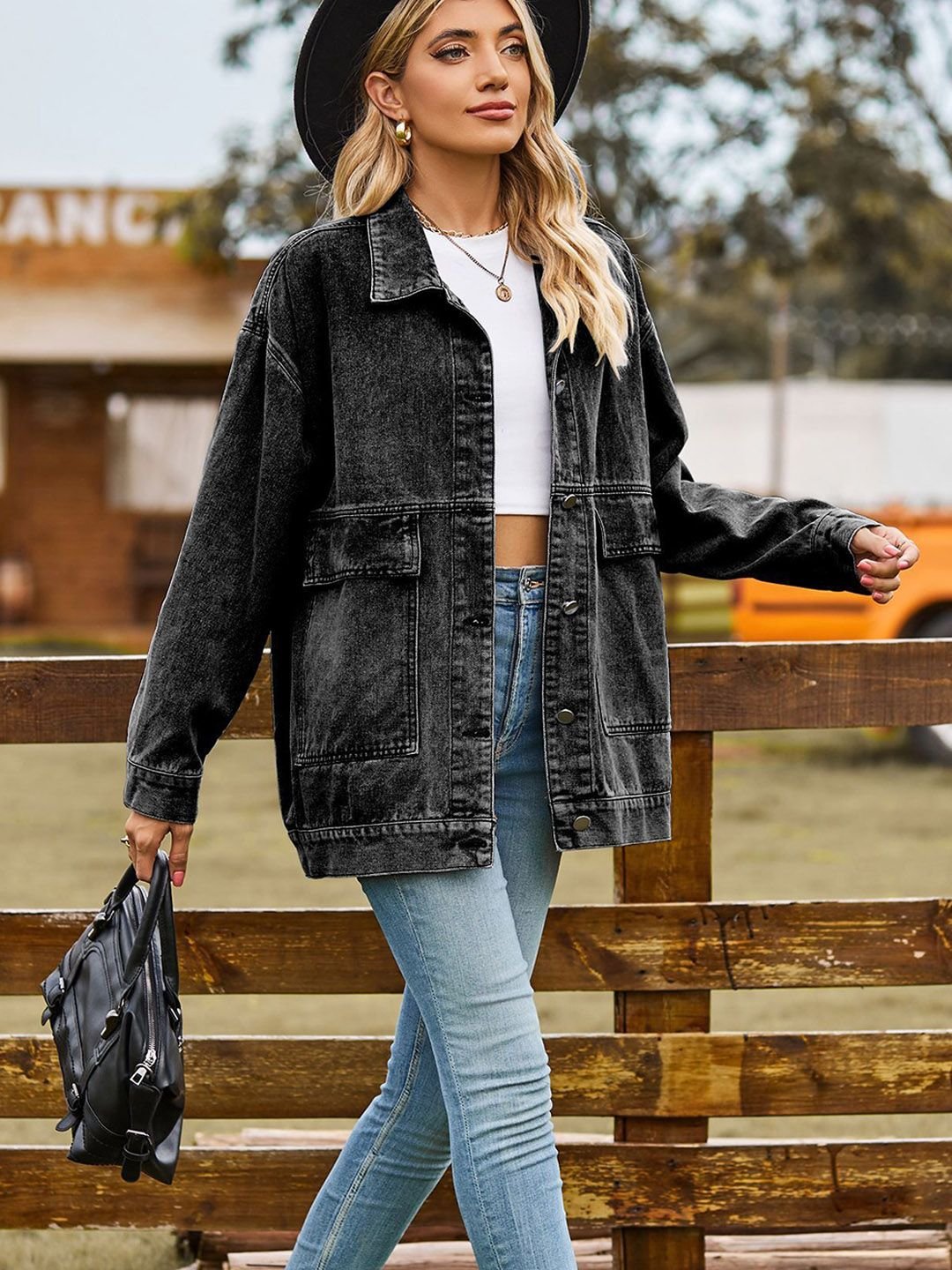 Black Solid Denim Jacket
