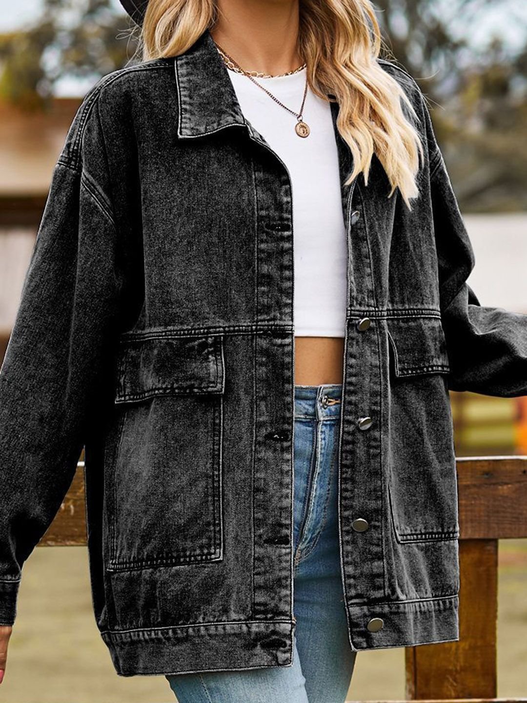 Black Solid Denim Jacket