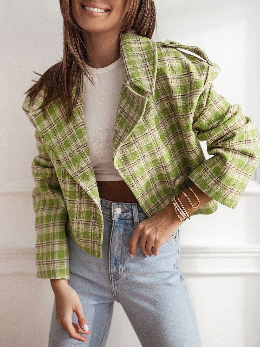 Green Plaid Regular Fit Jacket