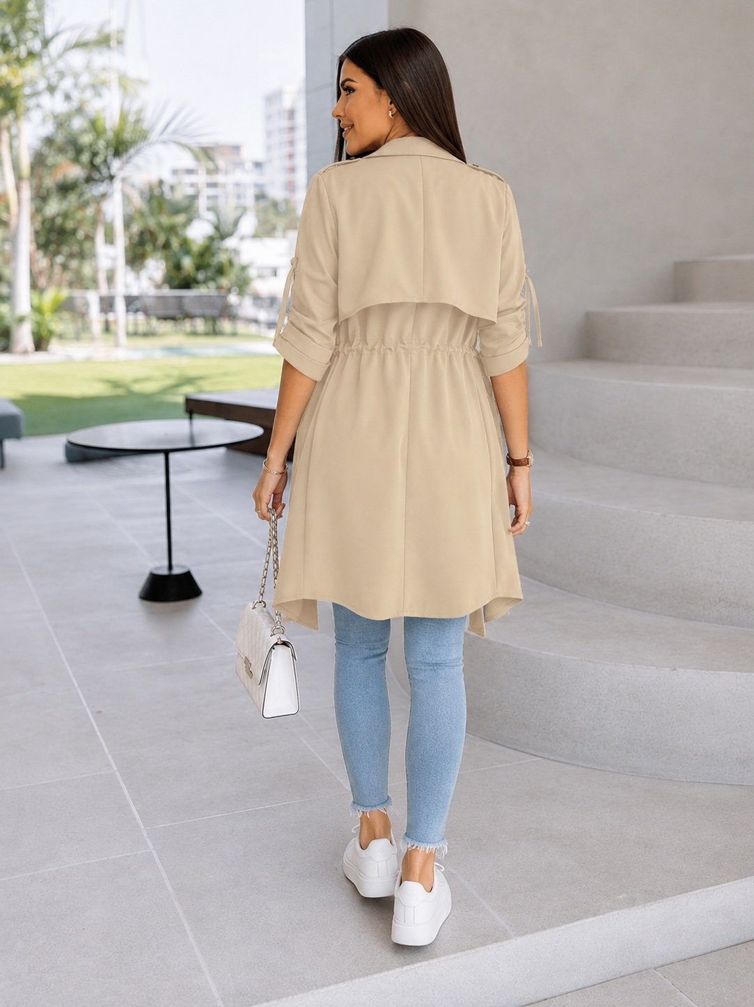 Beige Longline Jacket with Shawl Collar