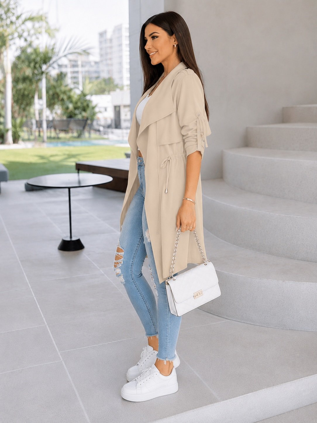 Beige Longline Jacket with Shawl Collar