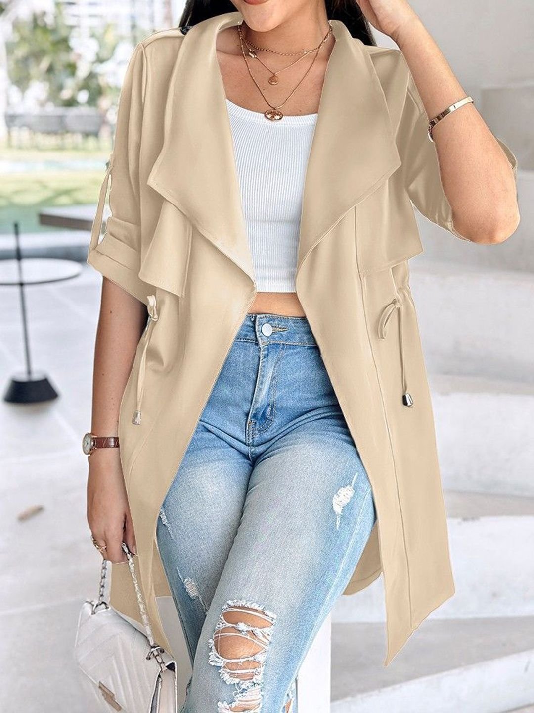 Beige Longline Jacket with Shawl Collar