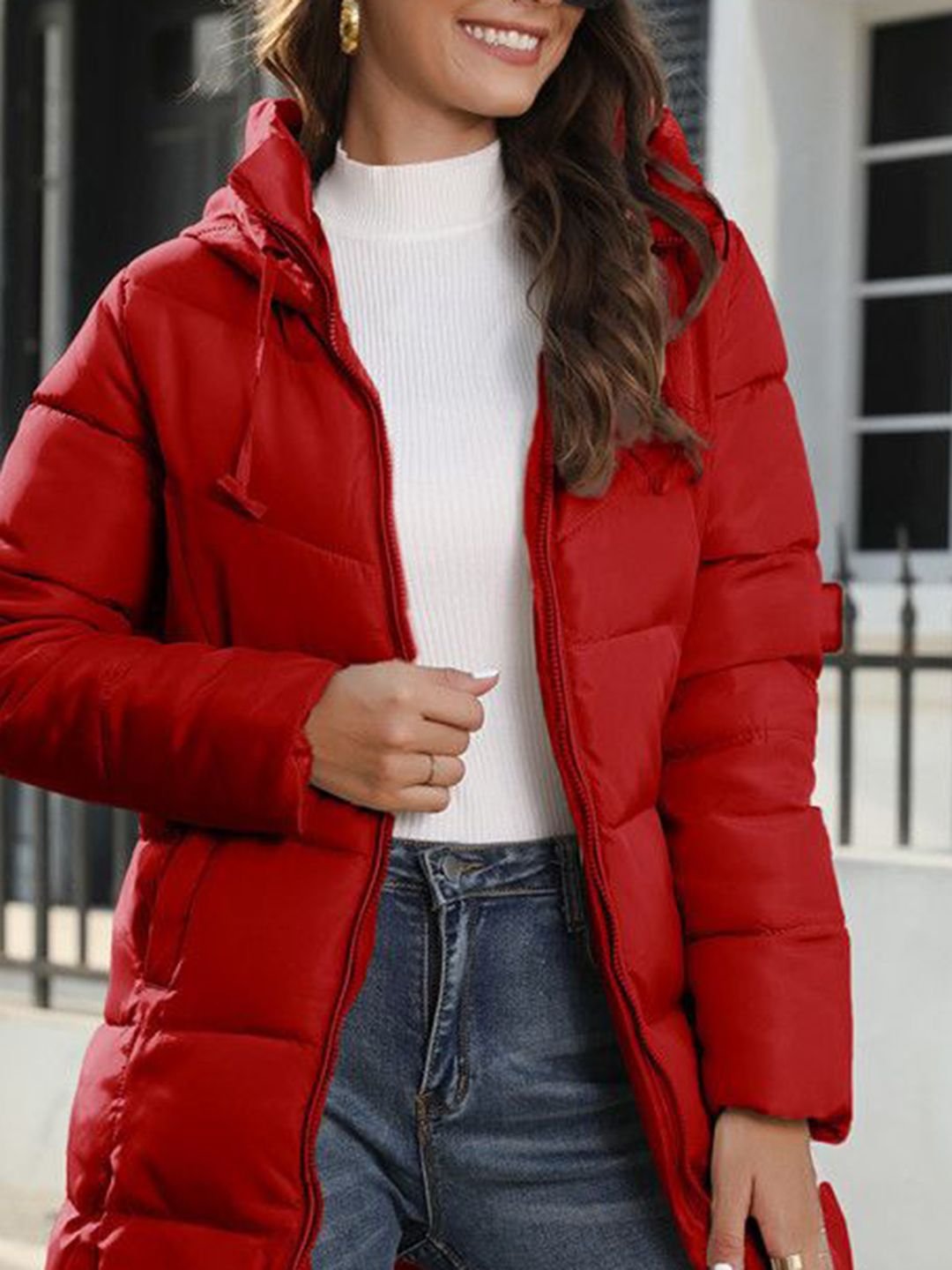 Red Regular Length Puffer Jacket