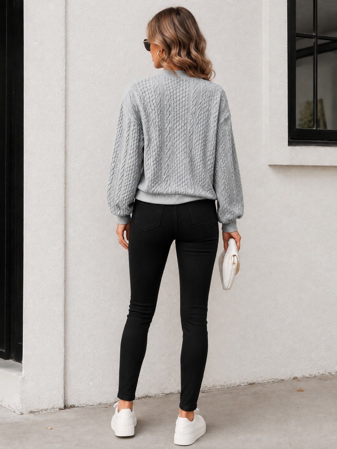 Grey Cable Knit Bomber Jacket