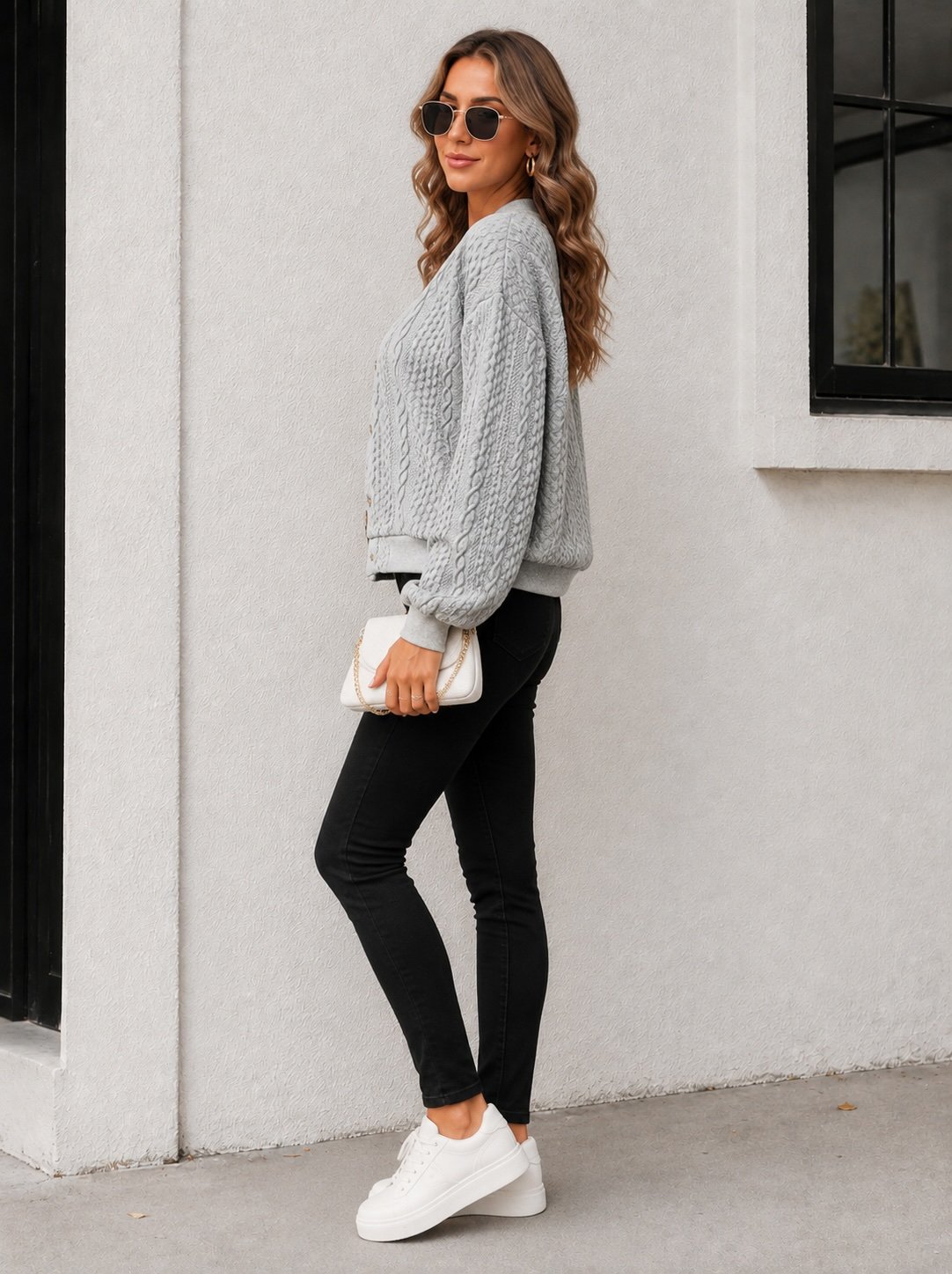 Grey Cable Knit Bomber Jacket