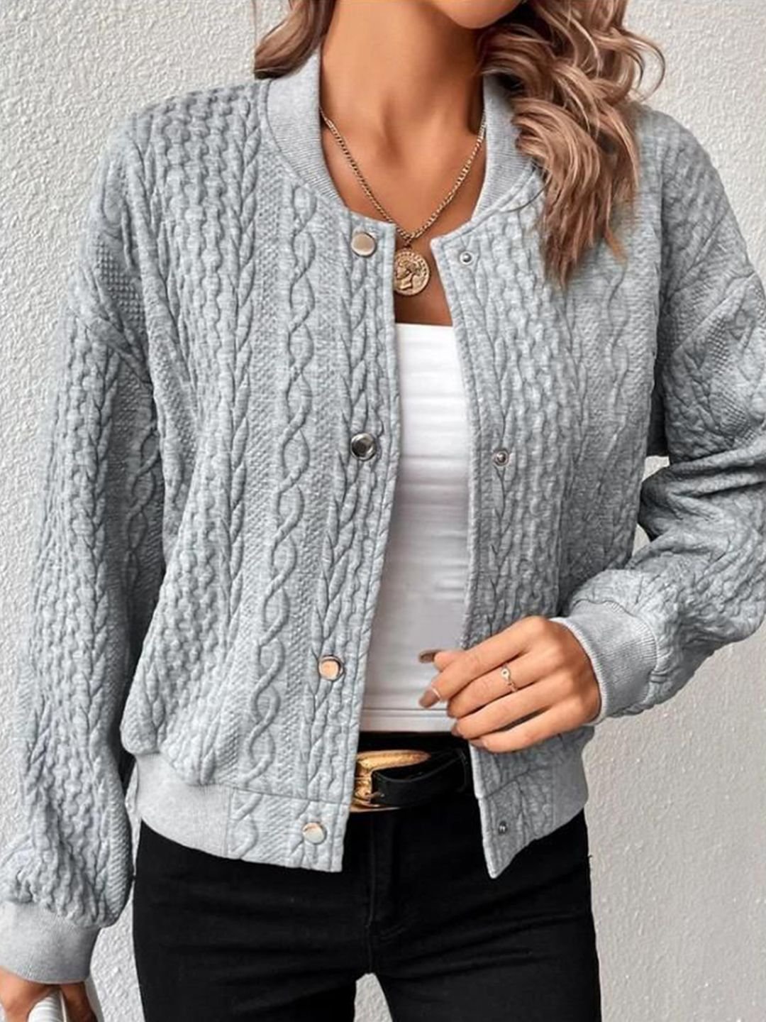 Grey Cable Knit Bomber Jacket