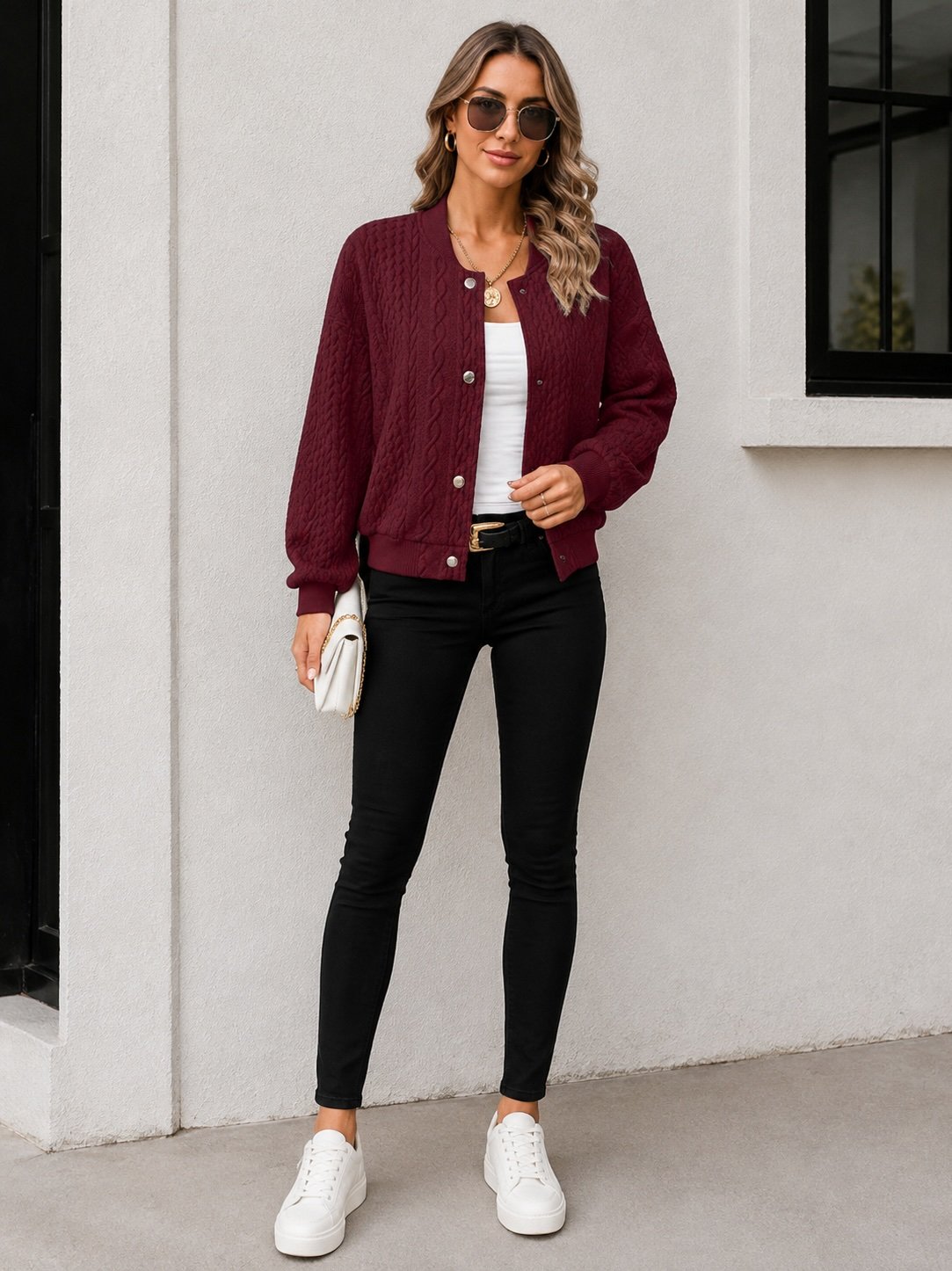Maroon Quilted Knit Bomber Jacket