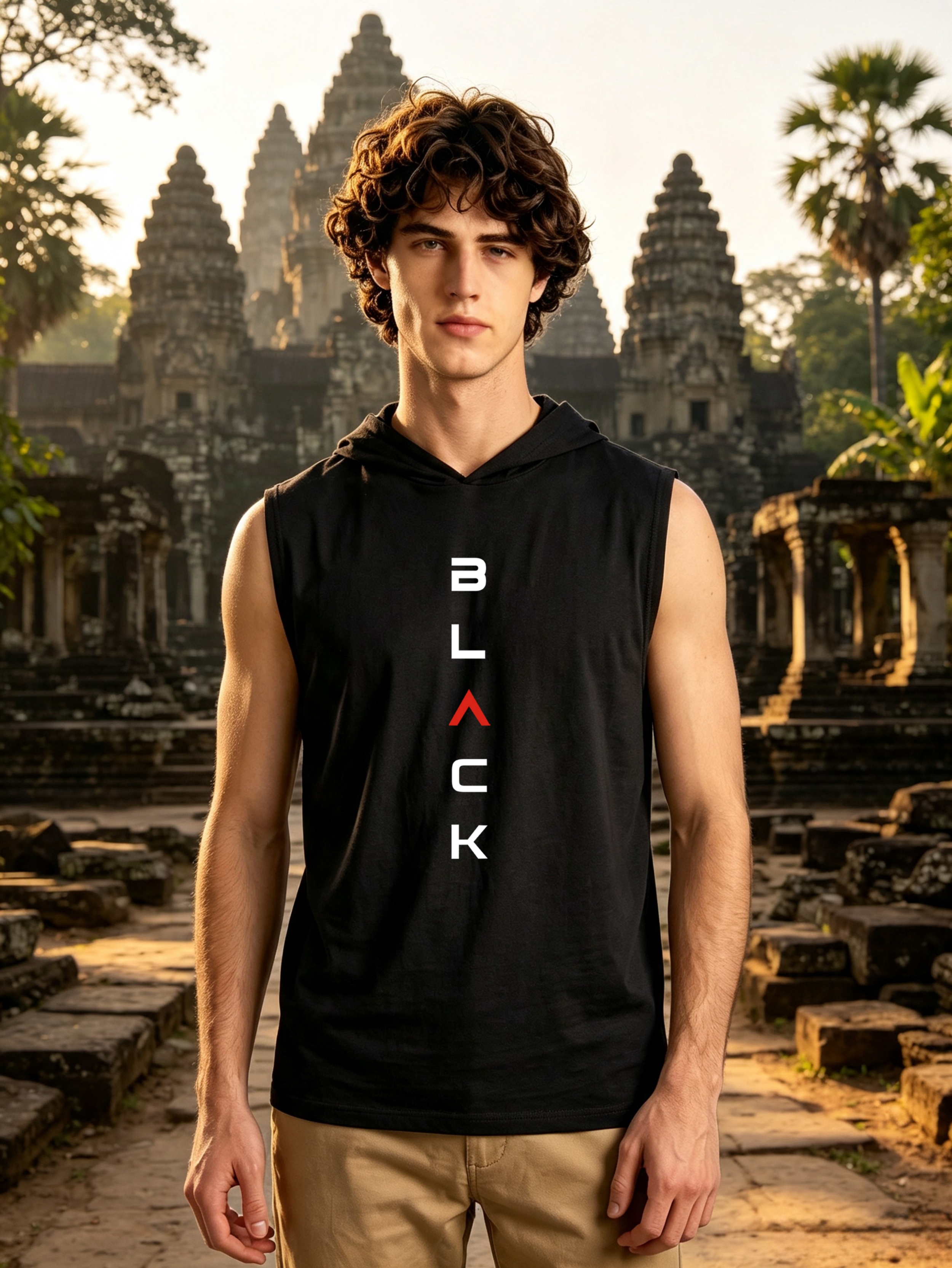 Black Graphic Print Hooded Tank Top