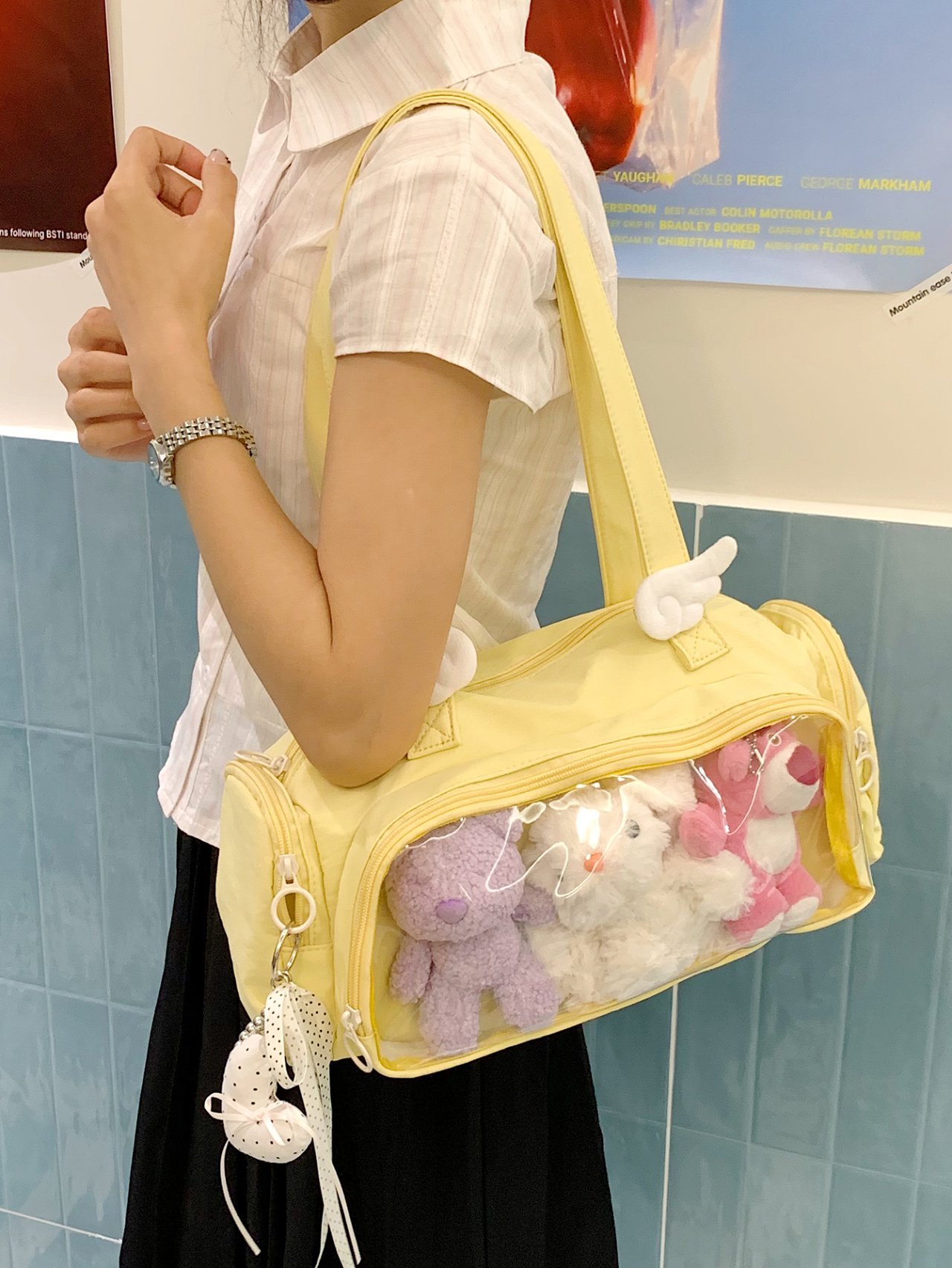 Yellow Shoulder Bag with Clear Pocket Display