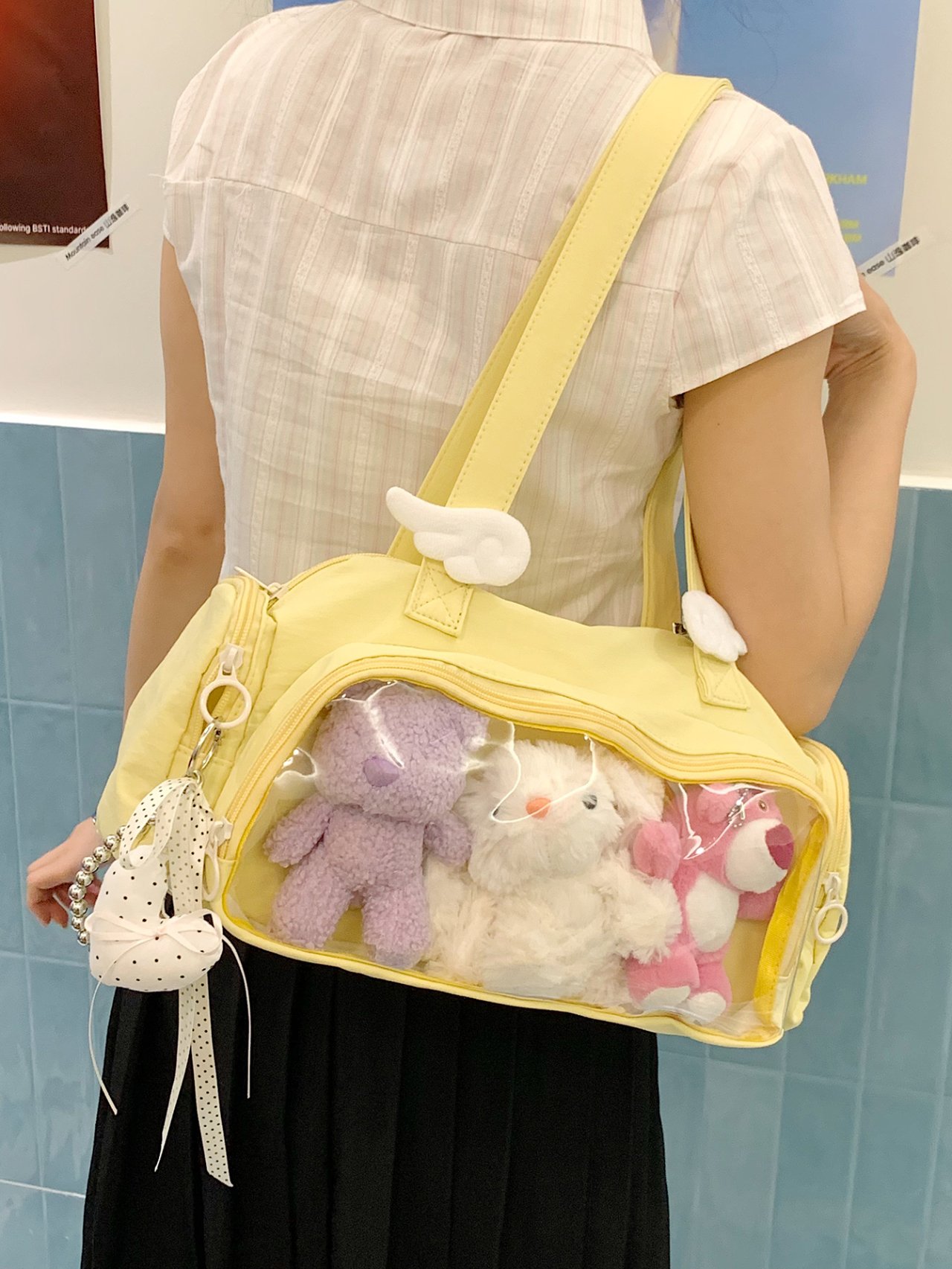 Yellow Shoulder Bag with Clear Pocket Display