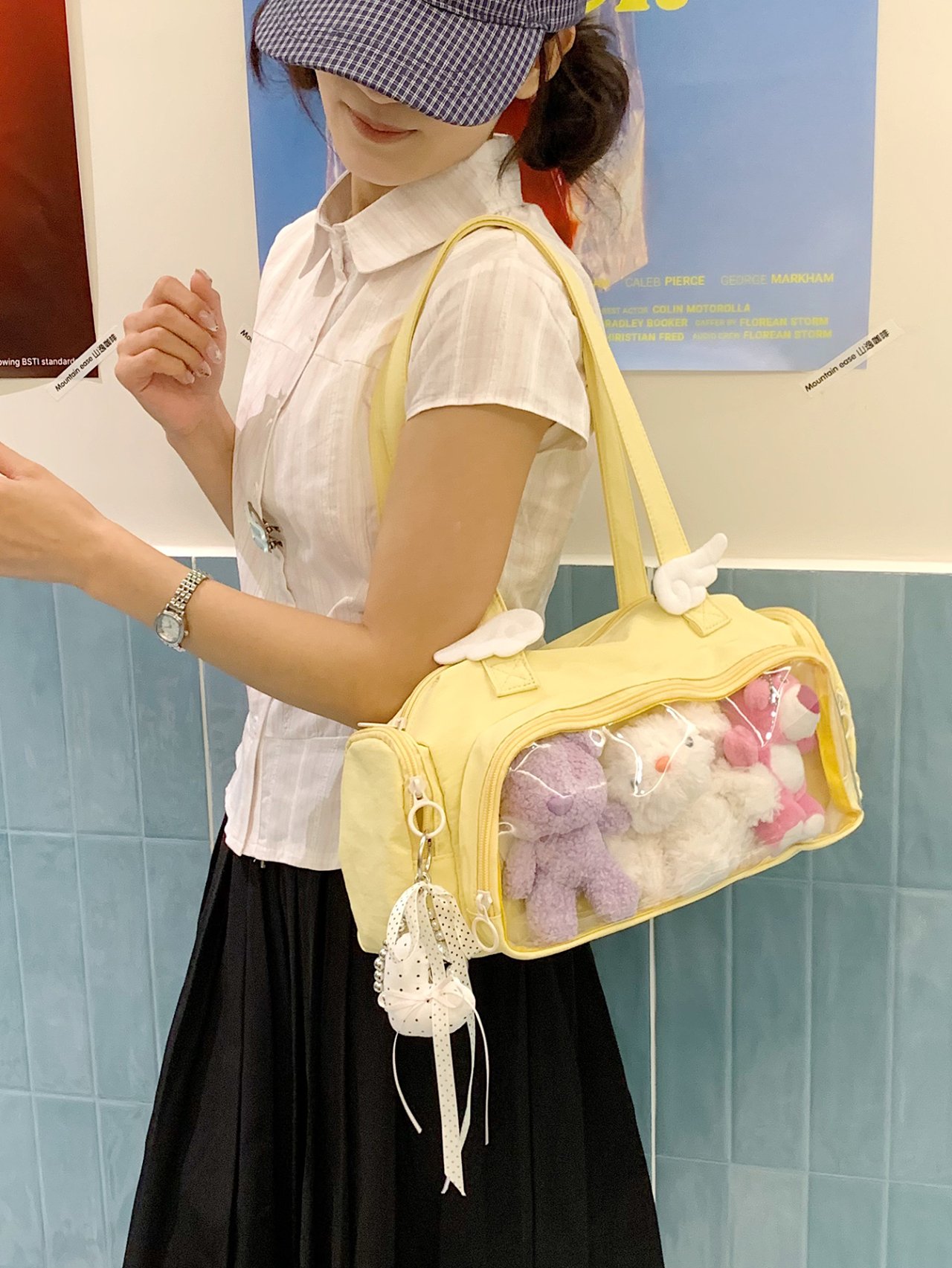 Yellow Shoulder Bag with Clear Pocket Display